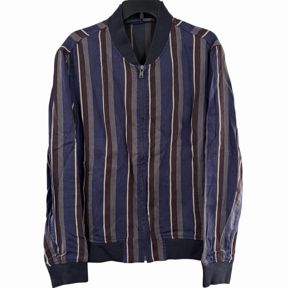 Todd Snyder Jacket Mens L Bomber Full Zip Striped Navy Blue Linen Barre L‎